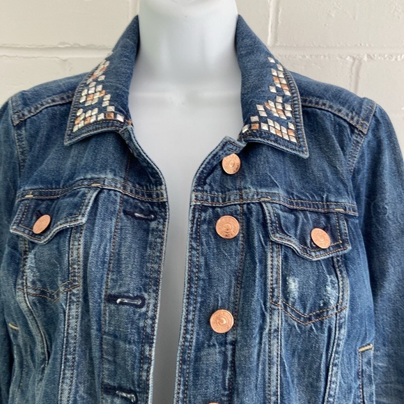 Express Denim Blue Jean Jacket With Copper/Silver Adornments Size M - Picture 3 of 9
